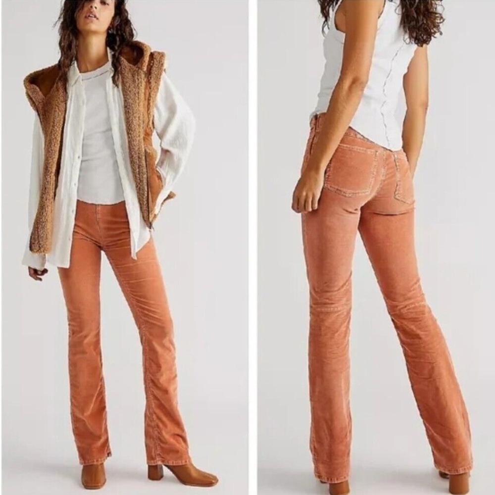 Free People Jenny High Rise Cord Slim Flare Jeans Cognac Size 30
